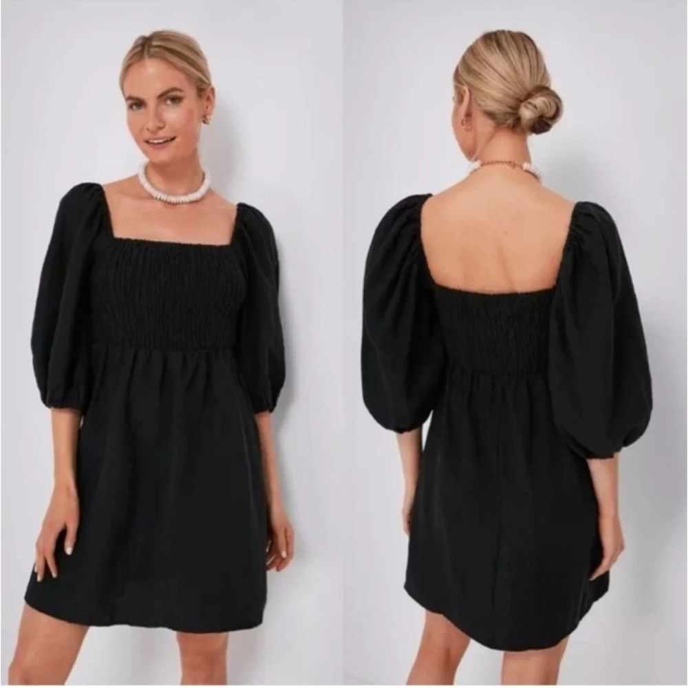 Tuckernuck NWOT Annie Smocked Mini Dress XS Black Linen Puff Sleeve Resort Wear - Picture 2 of 10
